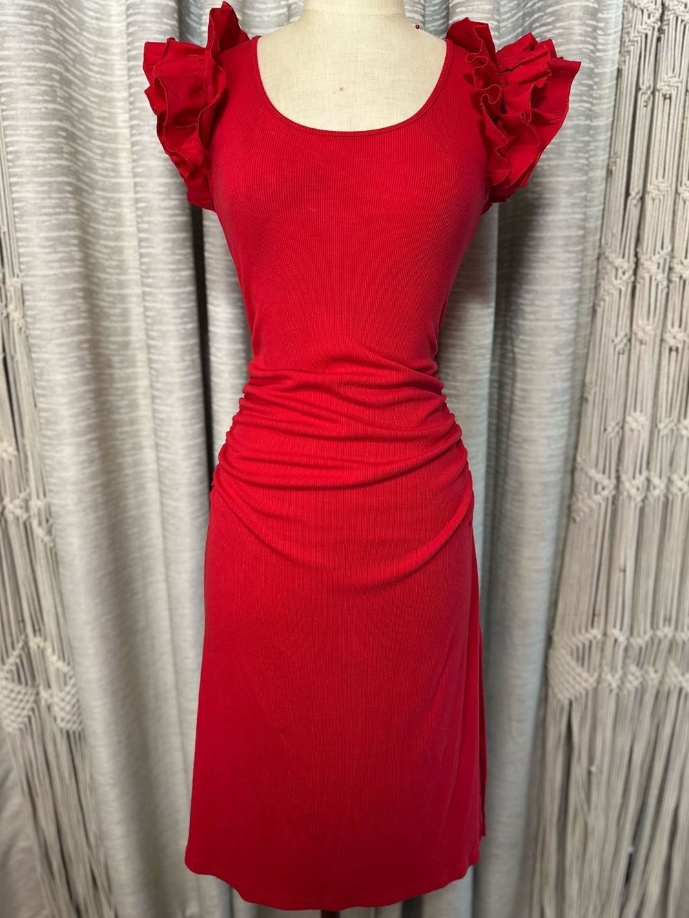 Boston Proper Red Ruffle Sleeve Ruched Midi Dress XS Stretch Bodycon